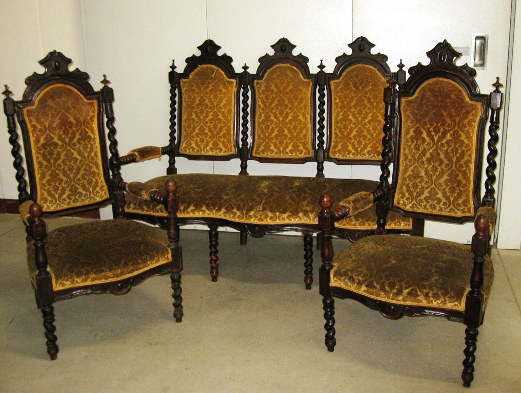 "Belle Epoque" living room, antique walnut sofa and two armchairs